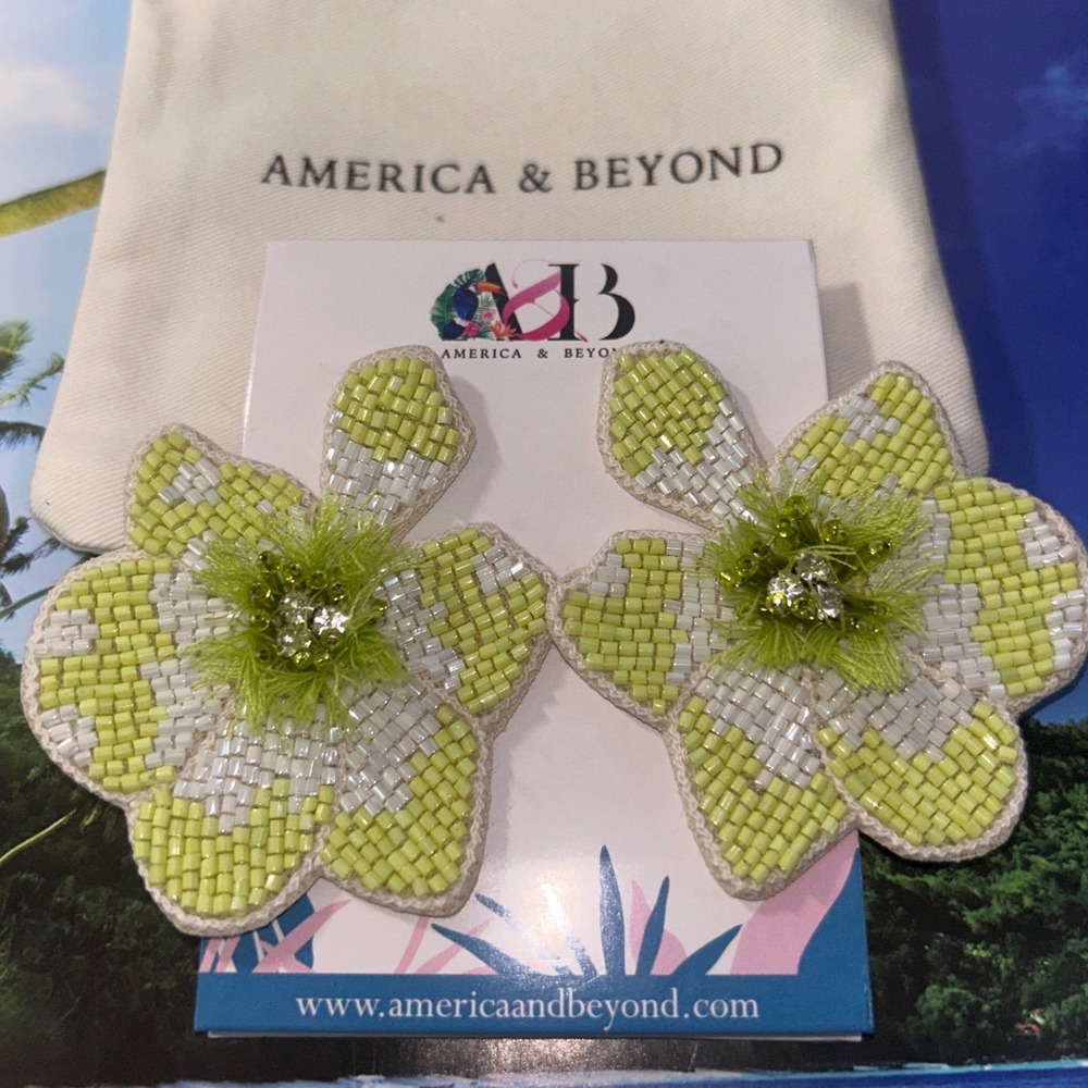 America & Beyond Beaded Petal Drop Earrings Floral Lime Green Nee